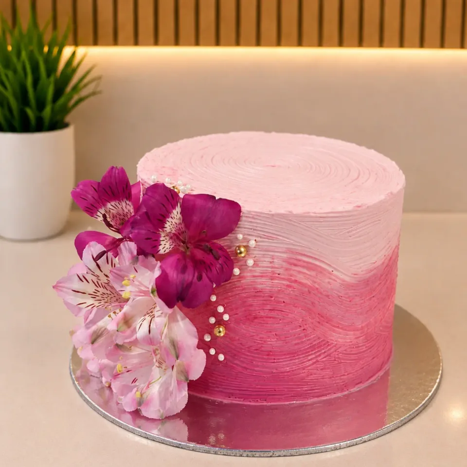 Bolo personalizado rosa com flores, feito pela Helena da Magg Sweet